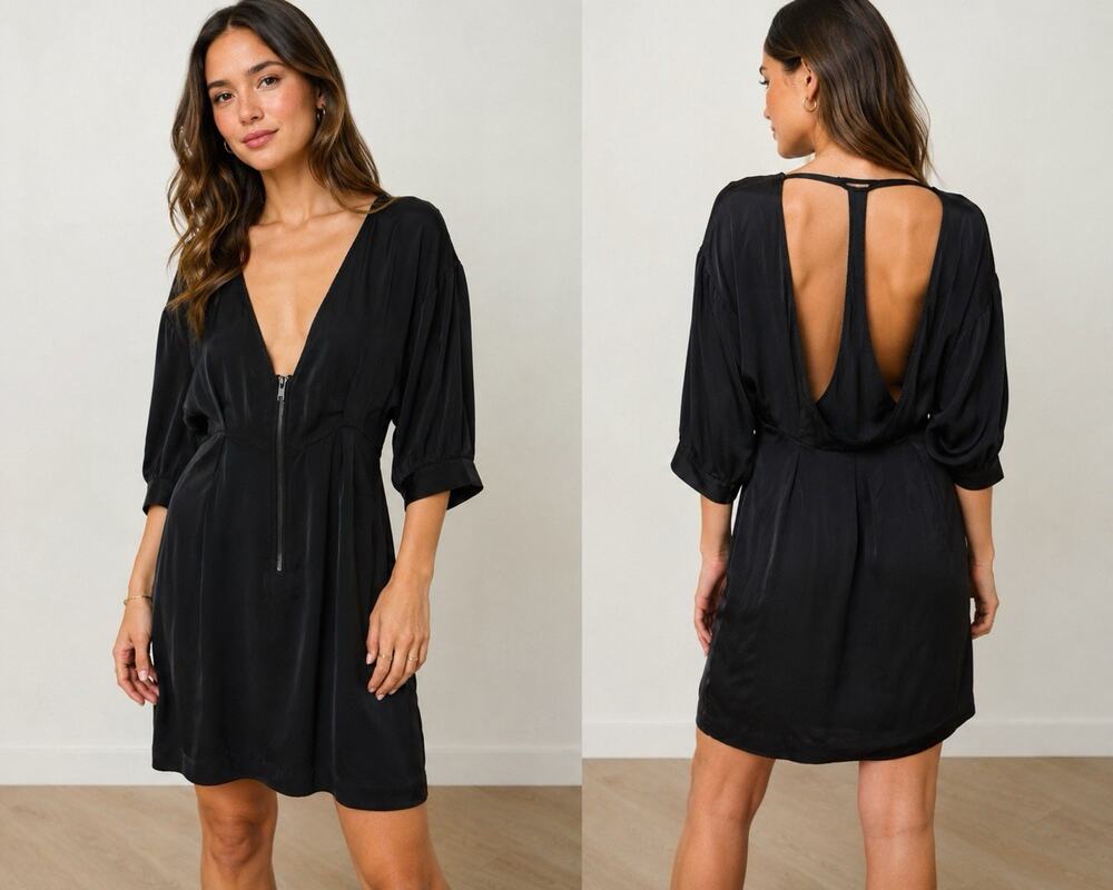 Funktional Black Satin Mini Deep V Zip Open Back Cocktail Party Dress Size M